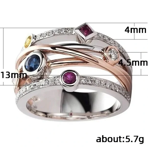 New Two Tone 925 Silver Colorful Diamond Ring - Picture 3 of 3